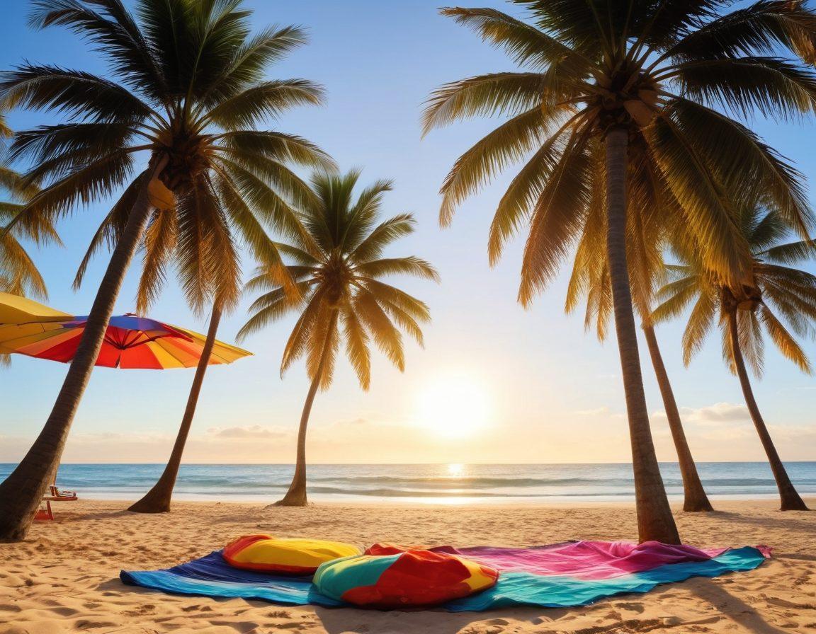 A stunning beach scene at sunrise, showcasing vibrant sun rays reflecting on serene waves. Include stylish fashionistas in trendy swimwear and beach outfits, relaxing with colorful beach towels and umbrellas. Integrate elements of beach culture like surfboards, beach balls, and palm trees swaying in the breeze. Capture a lively yet relaxed atmosphere with vivid colors. super-realistic. vibrant colors.